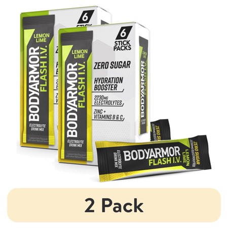 (2 pack) BODYARMOR Flash I.V. Lemon Lime Zero Sugar Electrolyte Powder Mix, 0.25 dry oz, 6 Pack