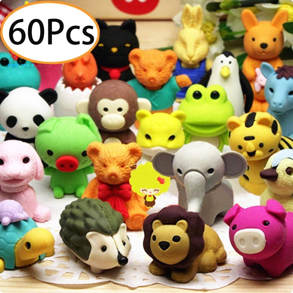60 PCS Animal Pencil Erasers Bulk Kids Japanese Come Apart Puzzle Eraser Toys US 