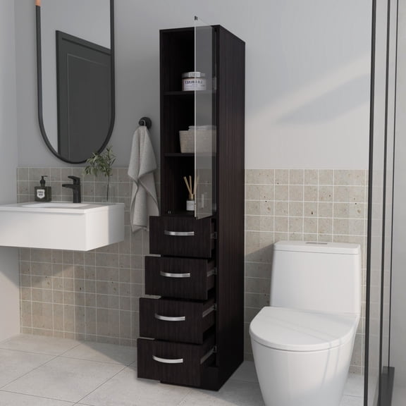 Nmkwnr Wood Bathroom Cabinet with 1 Glass Door and 4 Drawers, Perfect for Living Room, Bathroom, Dark Brown
