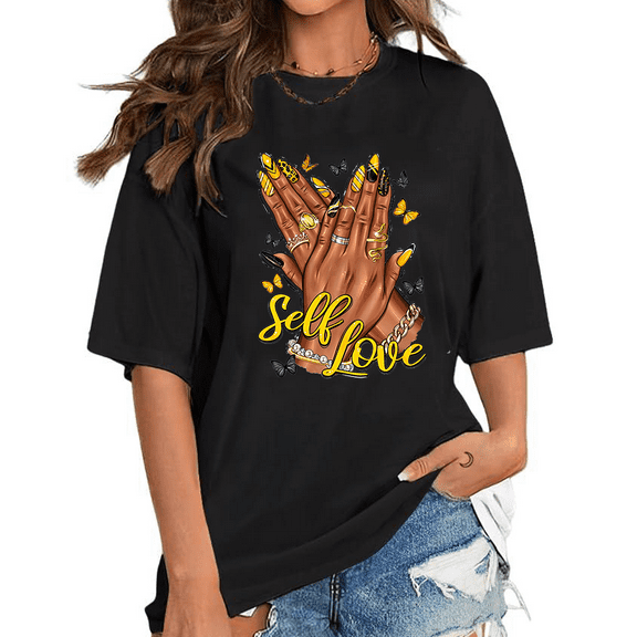Womens Self Love Nails Print Tshirts Self Love Yellow And Black Nails Graphic Tees Afro Hands Casual Tops Cotton Shirts Black,4XL