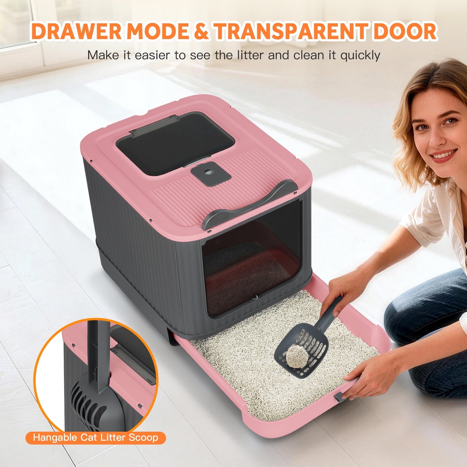 PHANCIR Enclosed Cat Litter Box with Lid, Easy to Clean with Includes Scoop & 4 Charcoal Deodorizer Bags,Pink
