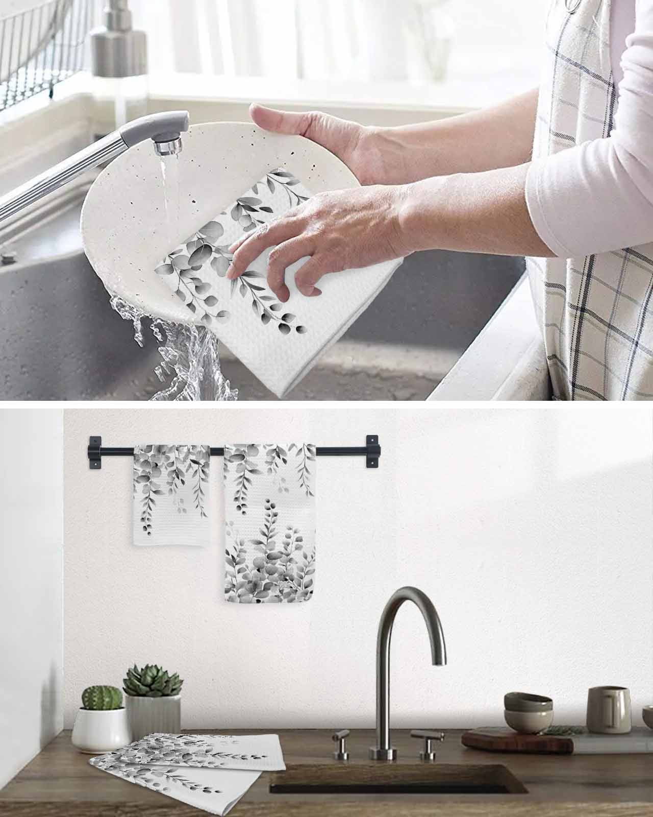 Grey Eucalyptus Hand Towels Set, Waffle Weave Kitchen Towels 2 Pieces, Botanical Leaves Aesthetics Flowers Microfiber Hair Face Bath Tea Towel Absorbent Quick Drying Cleaning Dish Cloths 15.7"x23.6"