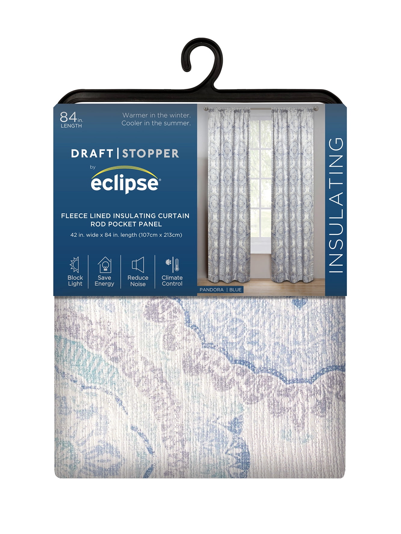 (2 pack) Eclipse Draft Stopper Room Darkening Fleece Lined Rod Pocket, Single Curtain Panel, Blue Medallion, 42" W x 84" L