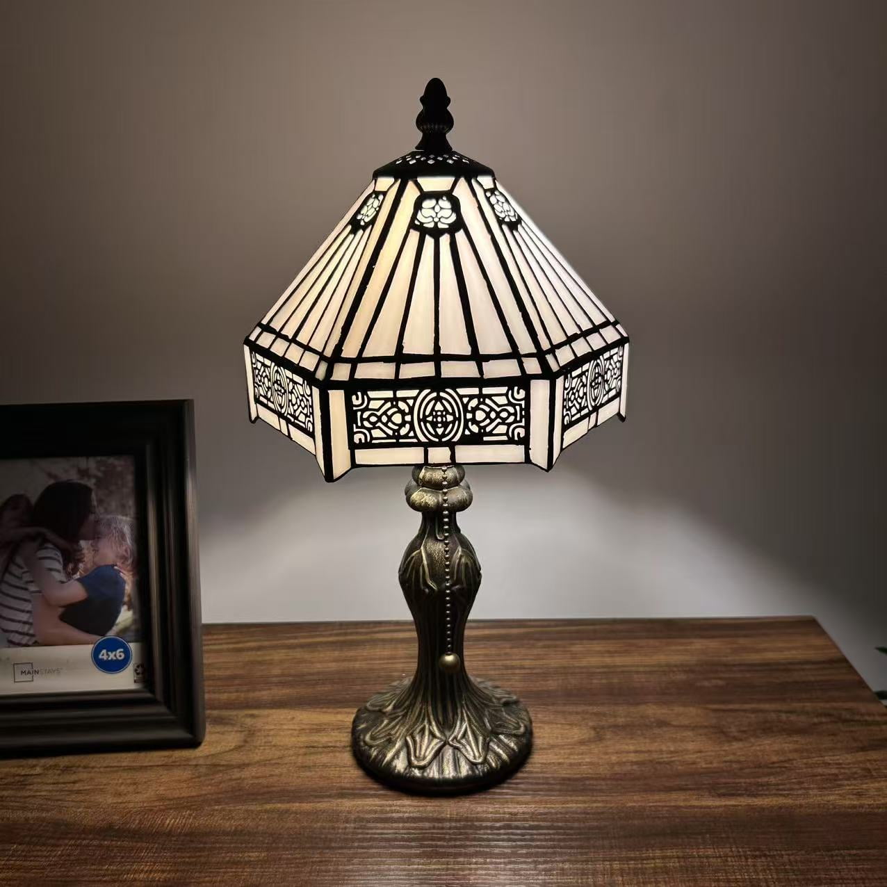 Tiffany Mini Table Lamp White Hexagon Stained Glass LED Bulb Included for Living Room Dining Room Bedroom Bedside 8" D*8" W*15" H