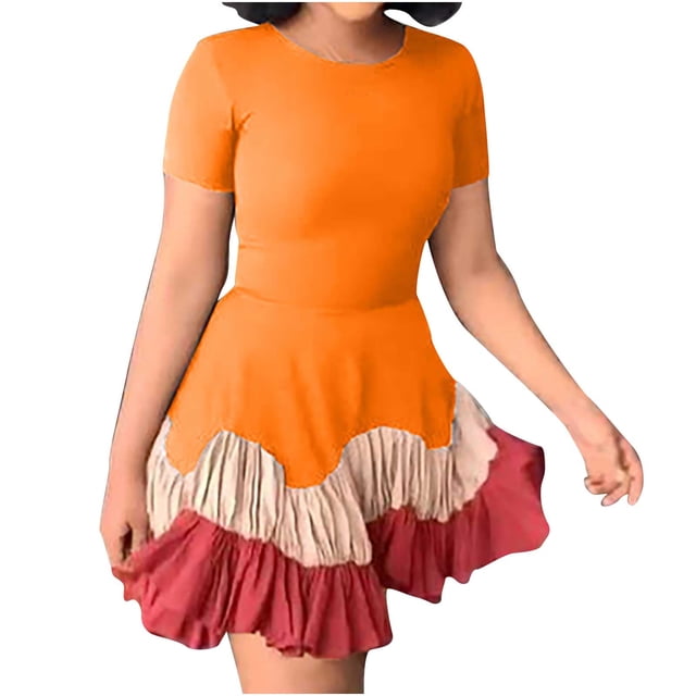 Bigersell Robes d'Automne pour Femmes 2023 Mode Été Décontractée Manches Courtes Plage Robes à Empiècements Robe Régulière Robe Soleil, Style 34442, Orange TTG