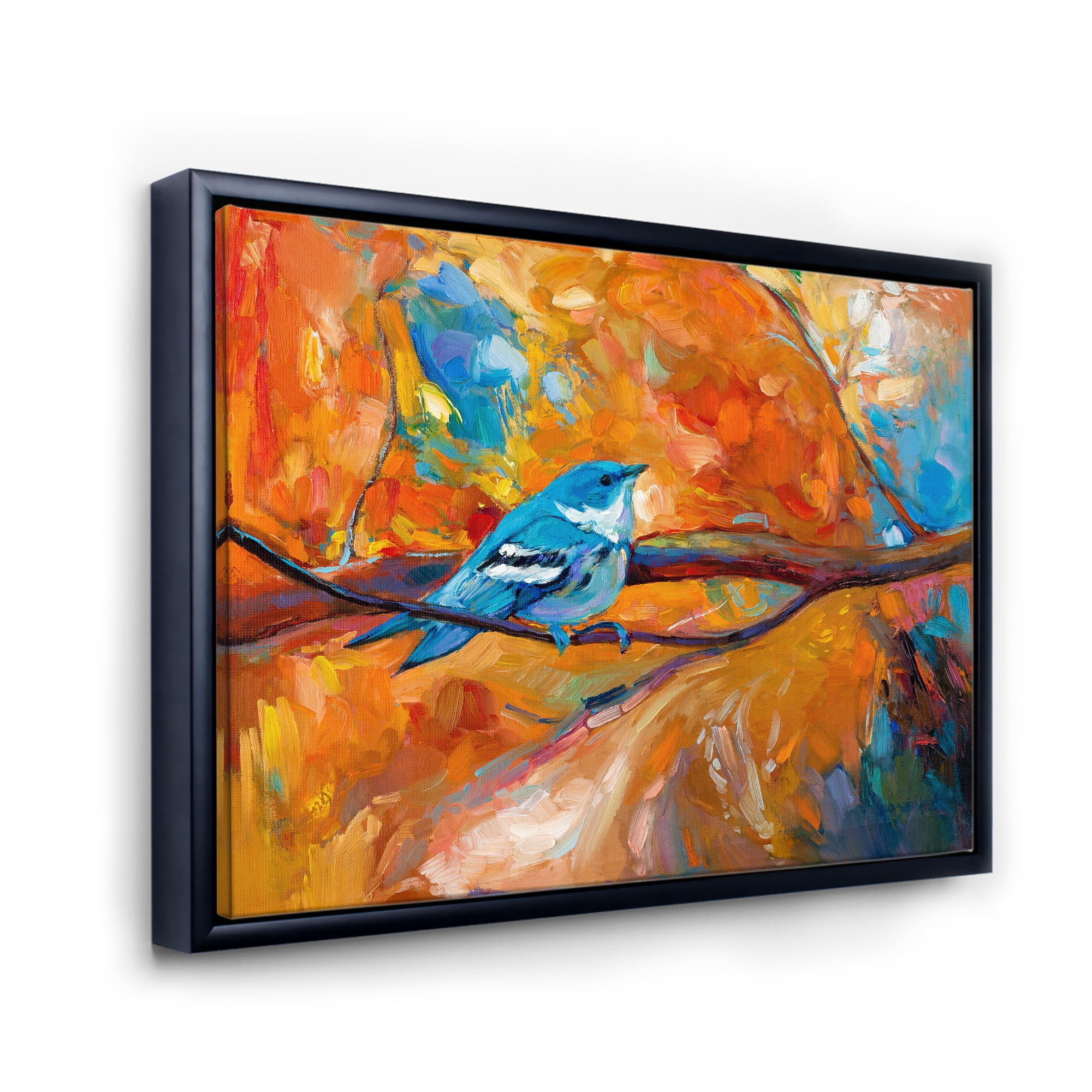 Blue Cerulean Warbler Bird Sitting On A Branch 20 in x 12 in Framed Painting Canvas Art Print, by Designart