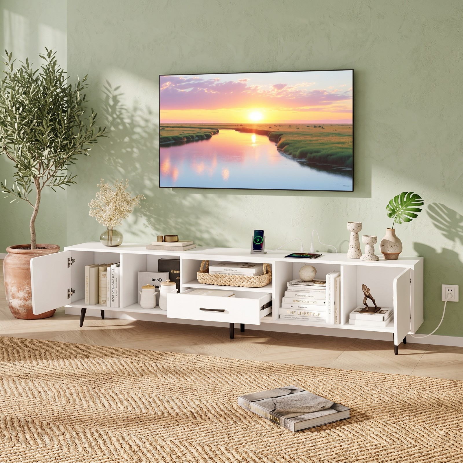 Furnibear 79 Inch TV Stand for TVs up to 90 Inches, Modern Mid Century Wood Entertainment Center Media Console Table with Storage Cabinet for Living, White and Black