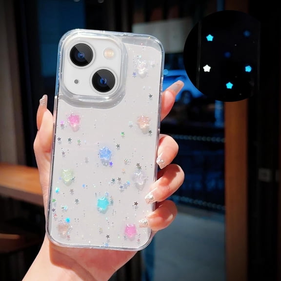 Compatible with iPhone 15 Plus 3D Luminous Stars Phone Case Glow in The Dark Noctilucent Bling Case for Women Girly Soft Slim TPU Shockproof Sparkly Light up Transparent Phone Cover,Clear