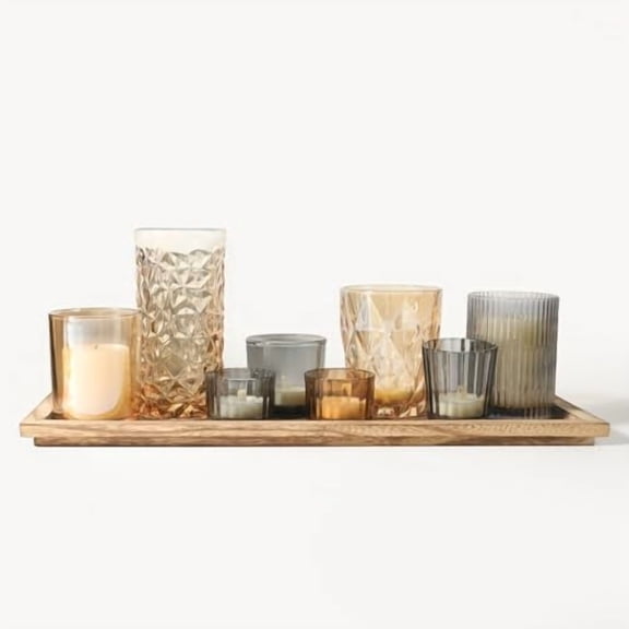Rustic Wooden Tray with 8 Brown Glass Votive Candle Holders, Decorative Tea Light Holder Set for Mantel, Centerpiece, Dining Table Centerpiece Set, and Home Decor(Set of 8 Pieces)