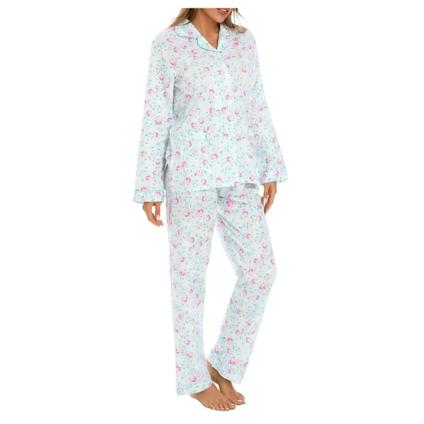 GLOBAL Womens 100% Cotton Notch Collar Pajama Set Homewear with Pockets ...