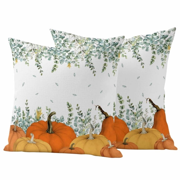 Fall Pumpkin Outdoor Waterproof Pillow Covers, Orange Thanksgiving Green Eucalyptus Decorative Square Throw Pillowcase Sofa Cushion Sham for Patio/Couch/Chair, 16"x16" 2 Pack