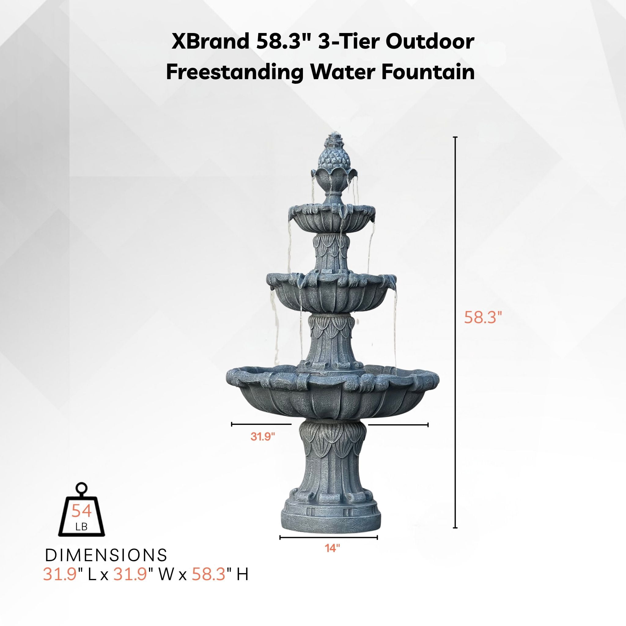 58.3" 3-Tier Electric Outdoor Freestanding Water Fountain - Classic Leaf Design, Gray Resin with Pump