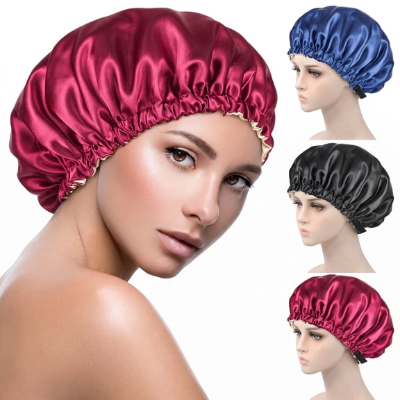 3pcs Double Layer Satin Sleeping Bonnet Caps for Women - Solid Color Button Adjustable Hair Hat Accessories for Curly, Long & Natural Hair