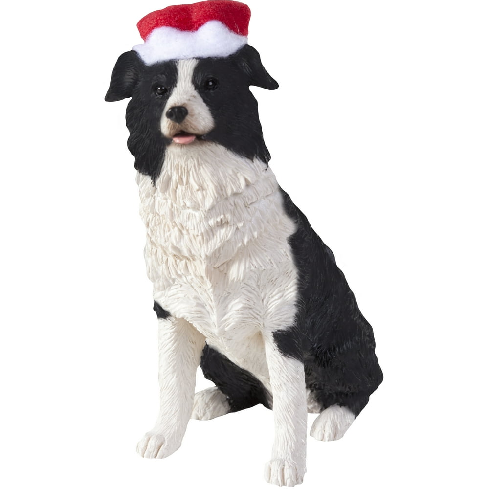Sandicast Sitting Border Collie with Santa's Hat Christmas Dog Ornament