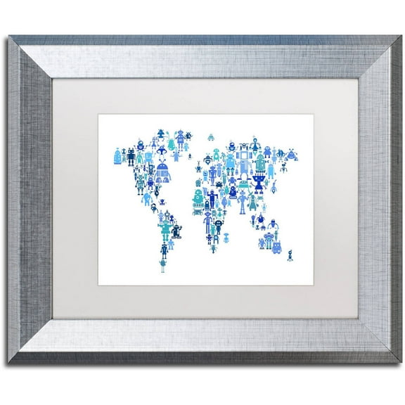 Trademark Fine Art "Robot Map of the World Blue" Canvas Art by Michael Tompsett, White Matte, Silver Frame