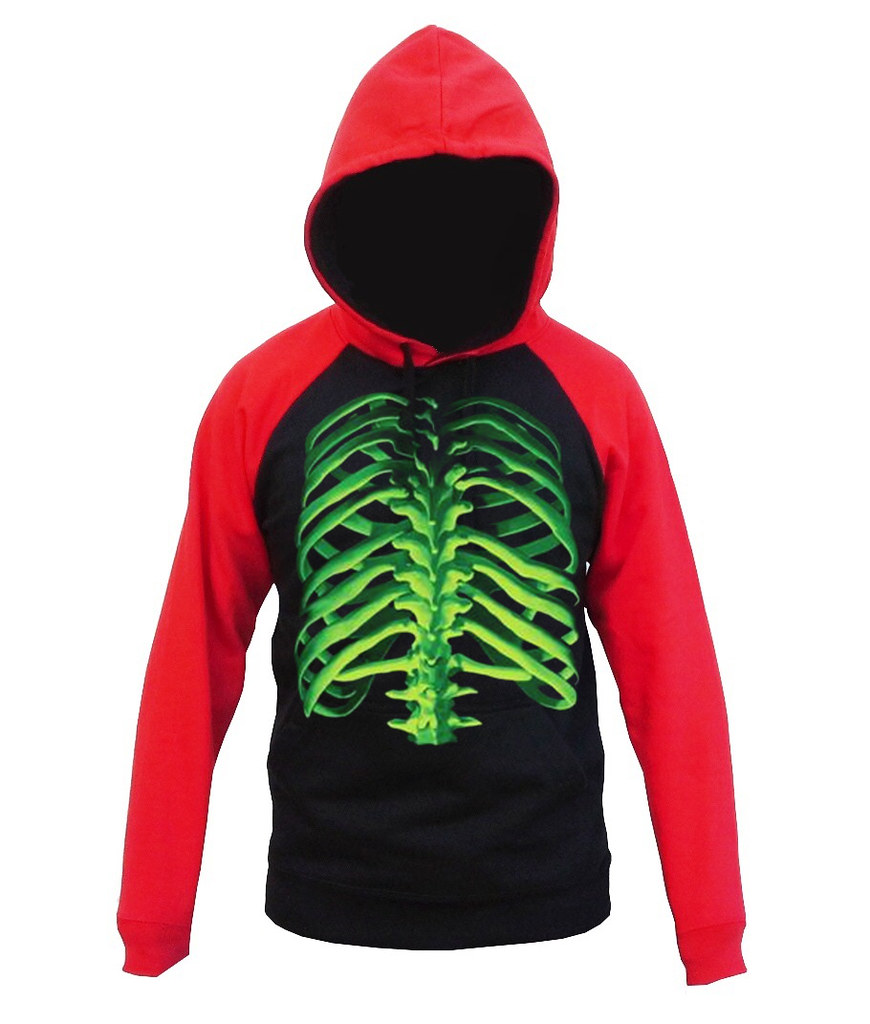 Koyotee - Glowing Halloween Skeleton Bones Men's Black/Red Baseball Hoodie Sweater Large Black 
