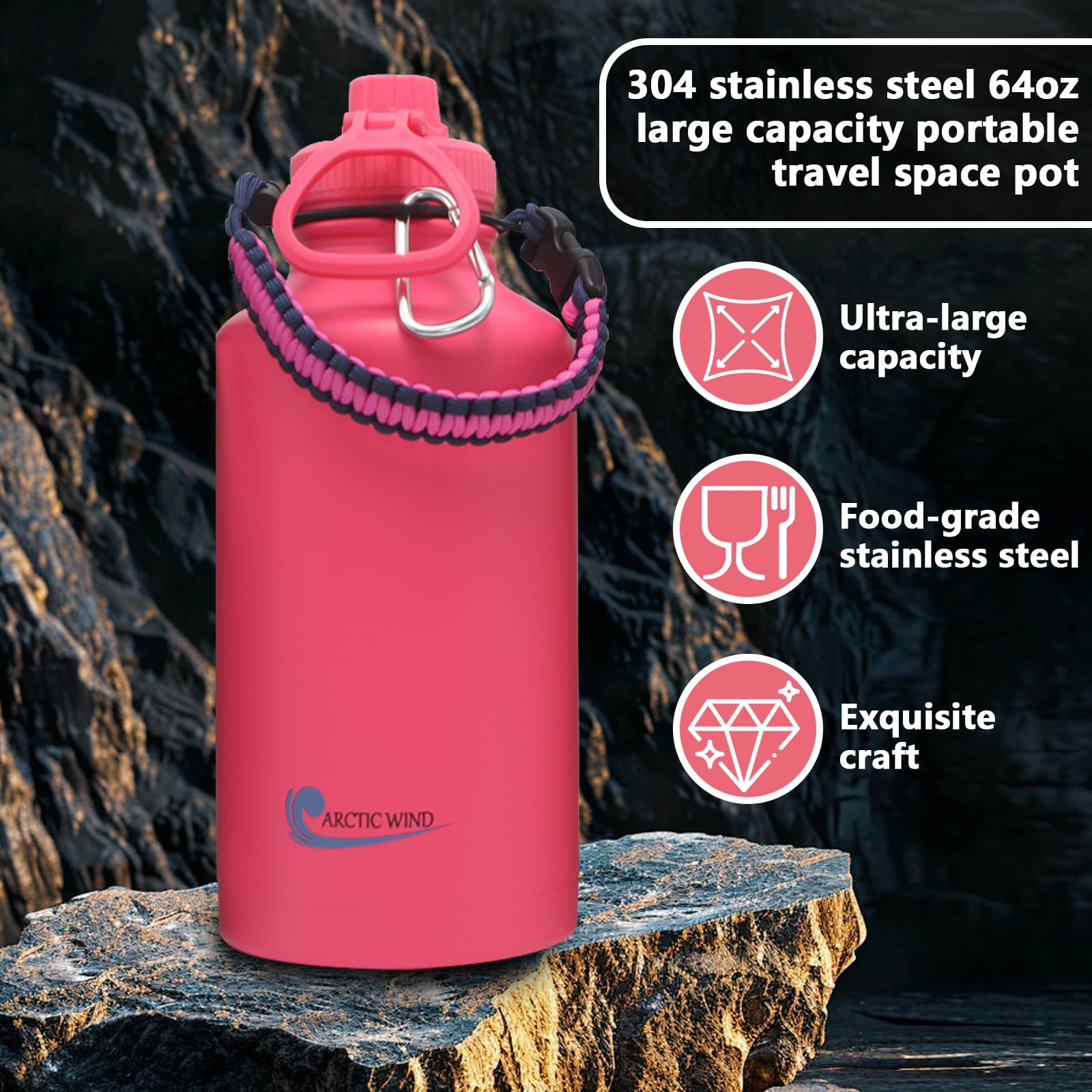 Arcticwind 64 oz Insulated Water Bottle, 304 Stainless Steel Leak Proof & BPA-Free, Half Gallon Water Bottle, Paracord Handle, 64oz Water Bottle Triple Wall Thermal Sweat-Proof Gallon Water Jug