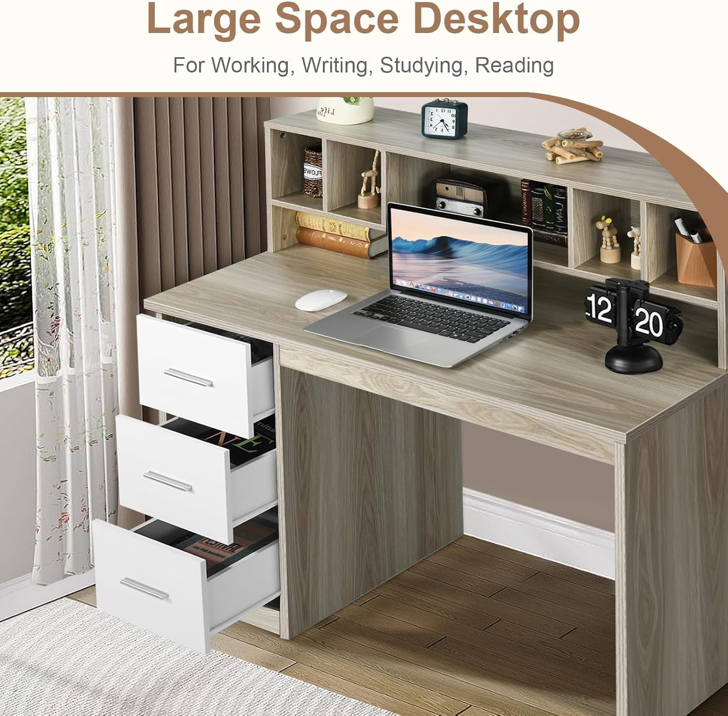 DreamCurship 47 in White Computer Desk, Home Office Desk with Hutch Shelf, Wood Study Writhing Desk with 3 Drawers for Home Office, Oak White