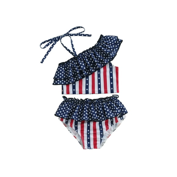 Kids Girl Patriotic Bikini Swimsuits Star Stripe Print Tops and Shorts