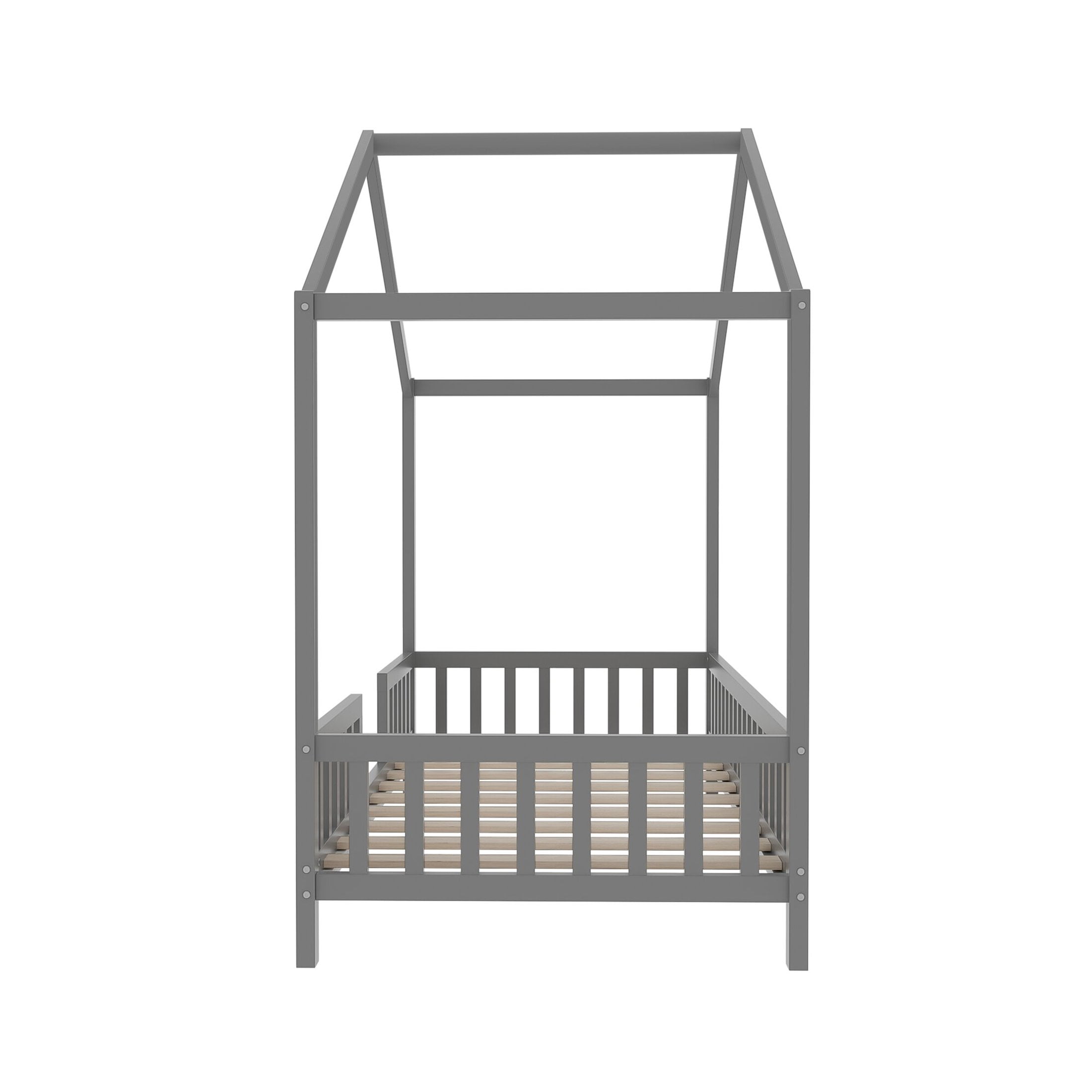 Noble House Twin Floor Bed with Canopy and Guardrails, Wood House Bed Frame for Kids, Gray