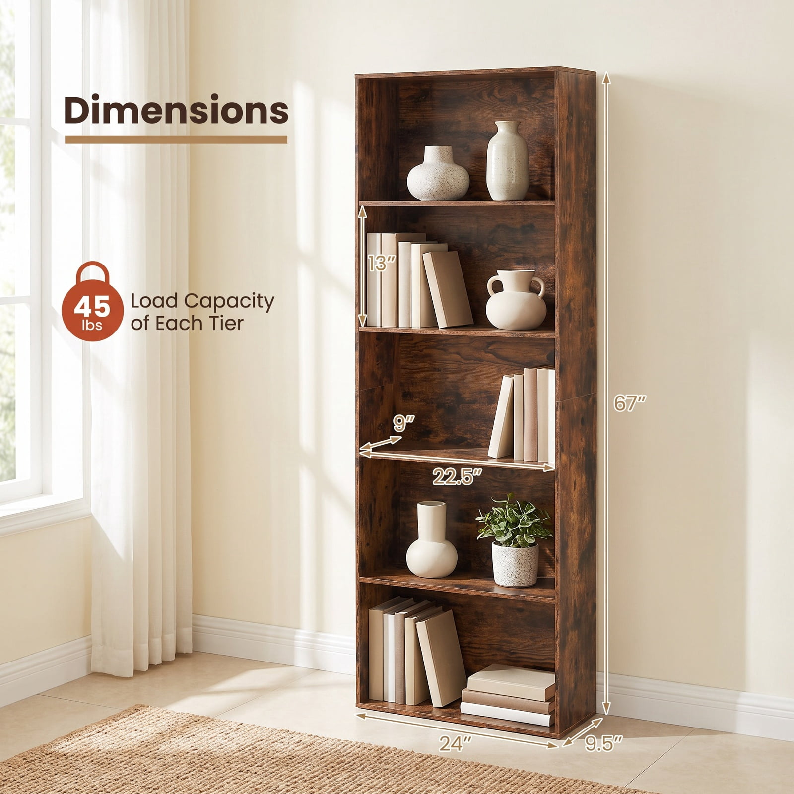 Furnibear 5-Tier Bookshelf Open Bookcase Freestanding Display Shelf Storage Organizer for Living Room Home Office Bedroom Display, Rustic Brown