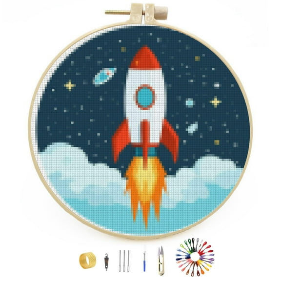 DIY Stamped Cross Stitch Kits Cartoon Rocket Fire to Space Easy for Beginners with Hoop 11CT Counted Embroidery Needlepoint Crafts Arts for Handmade Enthusiasts and Home Decor 30x30cm(2)