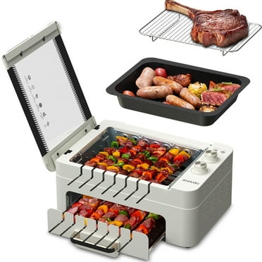 XHJ Indoor Smokeless Electric Grill, Indoor Tabletop BBQ Grill with Removable Grill Pan, Grill Grate & Lid, Dishwasher Safe, Dual Zone Cooking