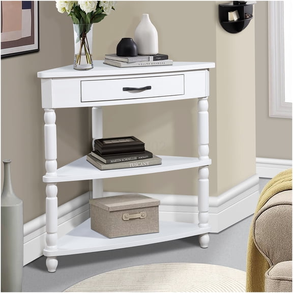 Milk White Corner Table, 3 Tier Triangle End Table with Solid Wood Legs for Living Room, Bathroom, Bedroom