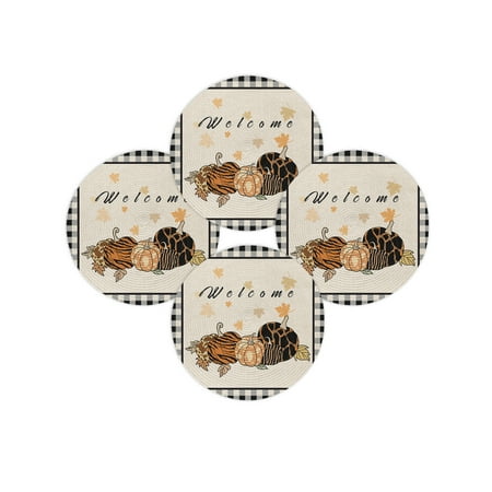 Fall Round Placemats Set of 4 Welcome Pumpkin Maple Leaf Place Mats Thanksgiving Woven Placemat Black Buffalo Plaid Circle Braided Table Mat for Kitchen Dining Table Autumn Party Home Decor 15 Inch