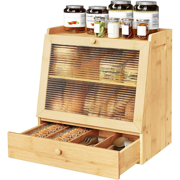 Bread Box, Bamboo Bread Box Storage Container with Drawer, 2-Tier Kitchen Countertop Food Storage Box with Acrylic Door, for Food, Natural YL21MB01