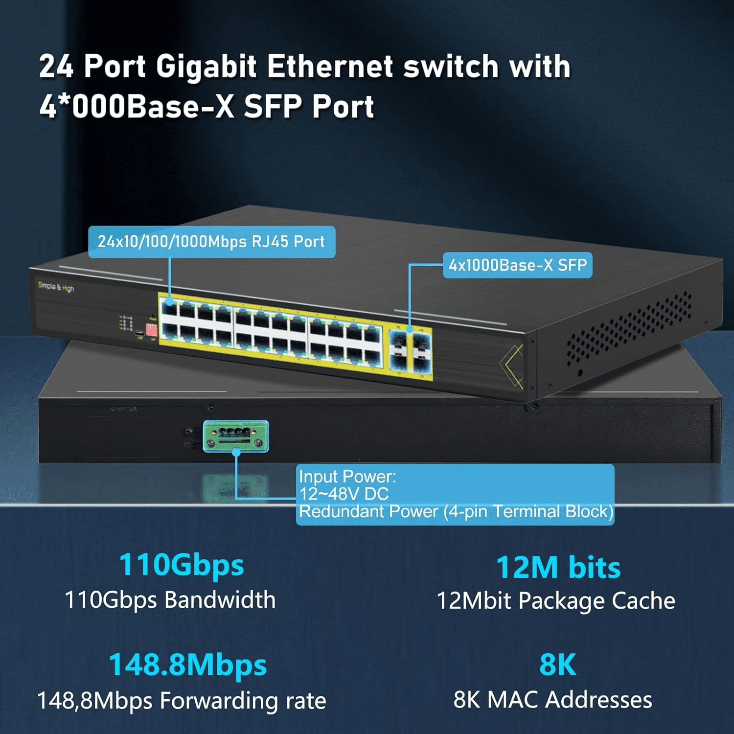Managed 24 Port Gigabit Switch with 4 SFP Slots, USB-C Management & Redundant DC Power, L2+ Rackmount Network Switch for Business