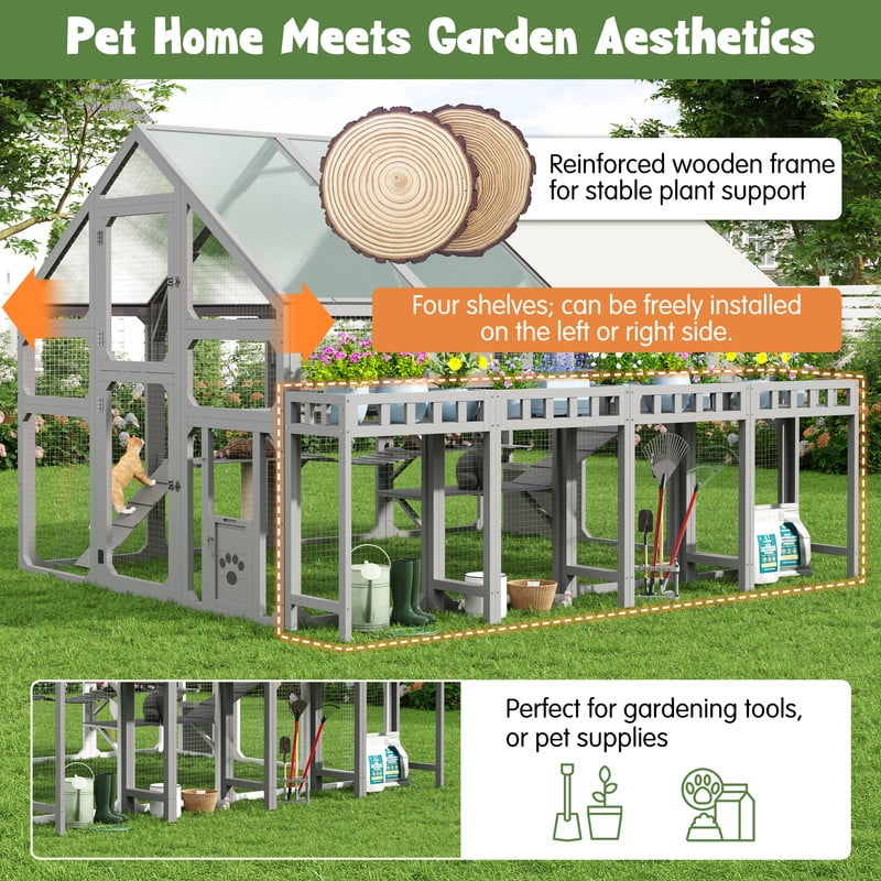 Mirightone Large Outdoor Cat House with Planter Stand and Waterproof Cover, Outdoor Cat Enclosure with Resting Boxes, &nbsp;Hanging Bridge & Platforms for Multiple Kittens, Grey