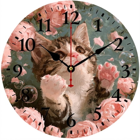 9.84 Cute Cat Wall Clock, Floral Pink Rose Decorative Analog Clock, Battery Operated, Easy to Read, Living Room Bedroom Kitchen Office