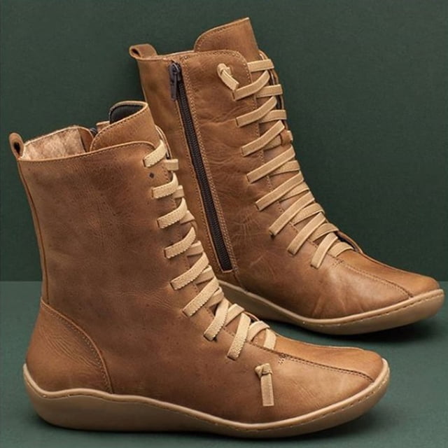 Botas de tubo medio para mujer Moda para mujer Estilo vintage Cremallera sólida Zapatos planos Tobillo Botas cortas Wmkox8yii sa2588
