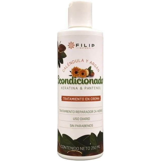 Filip Natural, Acondicionador De Caléndula Y Argán, Aceite De Coco, Aceite De Argán, Auxiliar En Cabello Seco Y Maltratado, Nutre Y Regenera El Cabello, Hidratante Y Acondicionante, 250ml.