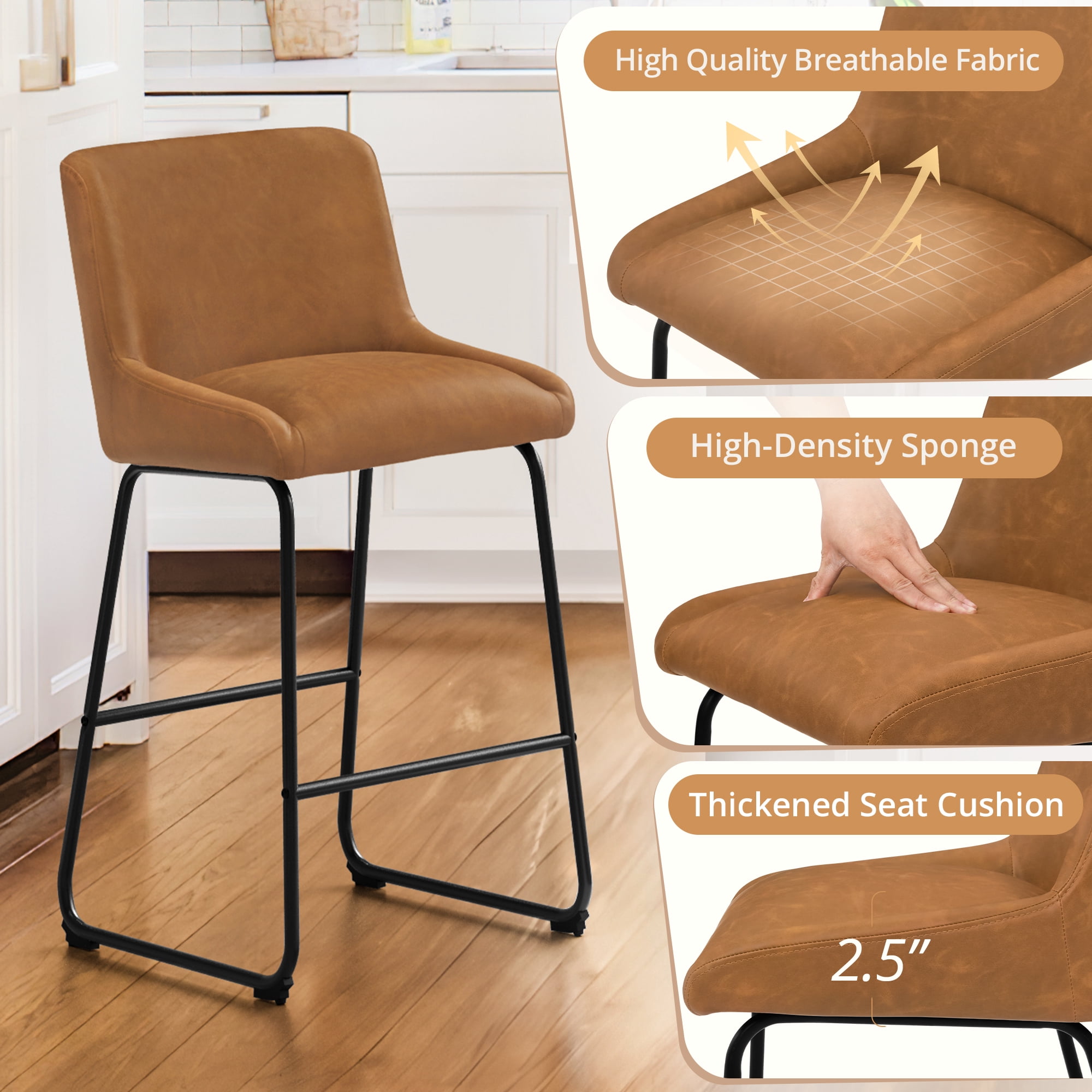 Dycanpo 26" Counter Height Bar Stools Set 4, Faux Leather 2.5" Cushion, Whiskey Brown