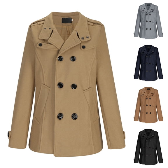 Men's Double Breasted Pea Coat Mid Long Fall Winter Notch Lapel Trench Wool Coat Outwear Jackets Big and Tall Size M-4XL Navy