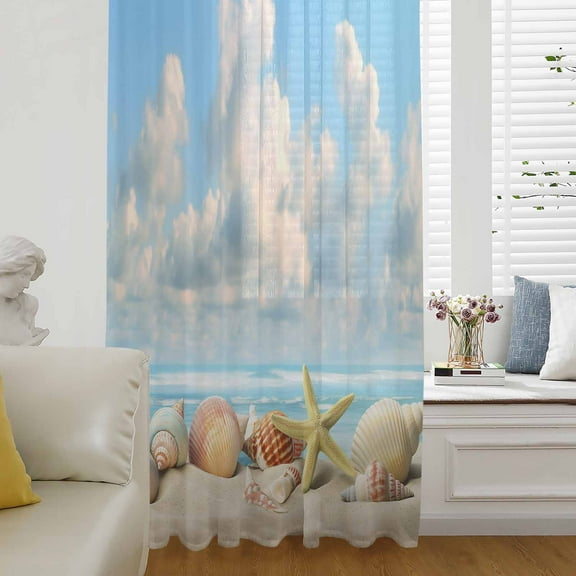 Nautical Coastal Semi Sheer Curtains Drapes for Living Room,Bedroom,French Doors Window 63 Inches Long,Summer Beach Shell Conch Starfish Blue Rod Pocket Chiffon Curtain Drapery Voile Draperies Panel