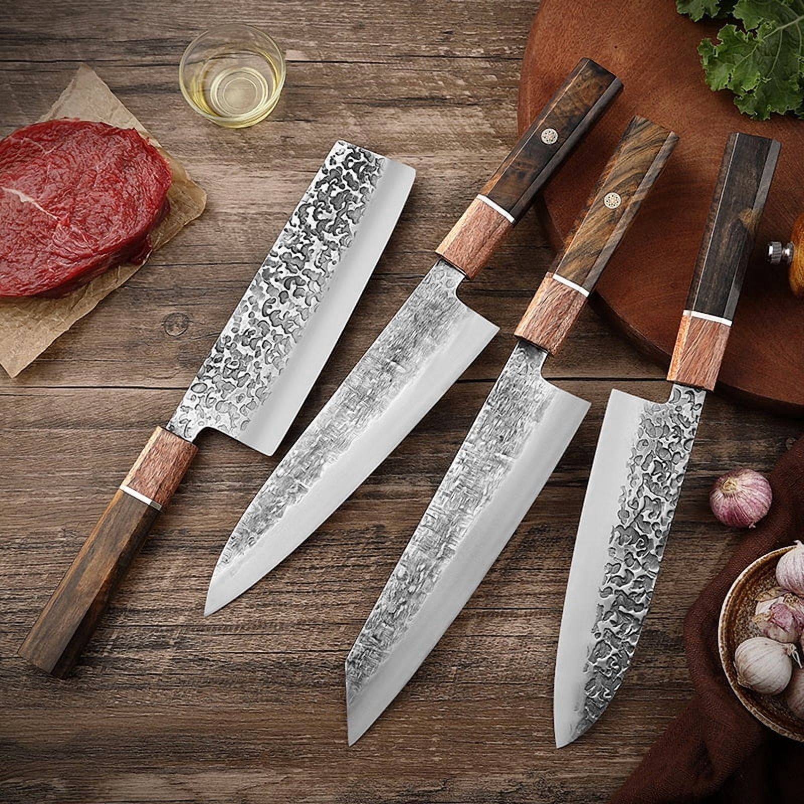 4-Piece Hand Forged Japanese Kitchen Knife Set with Wood Handles, High Carbon Steel Chef Knives, Ultra Sharp Multi-purpose Kitchen Knives for Home Cooking