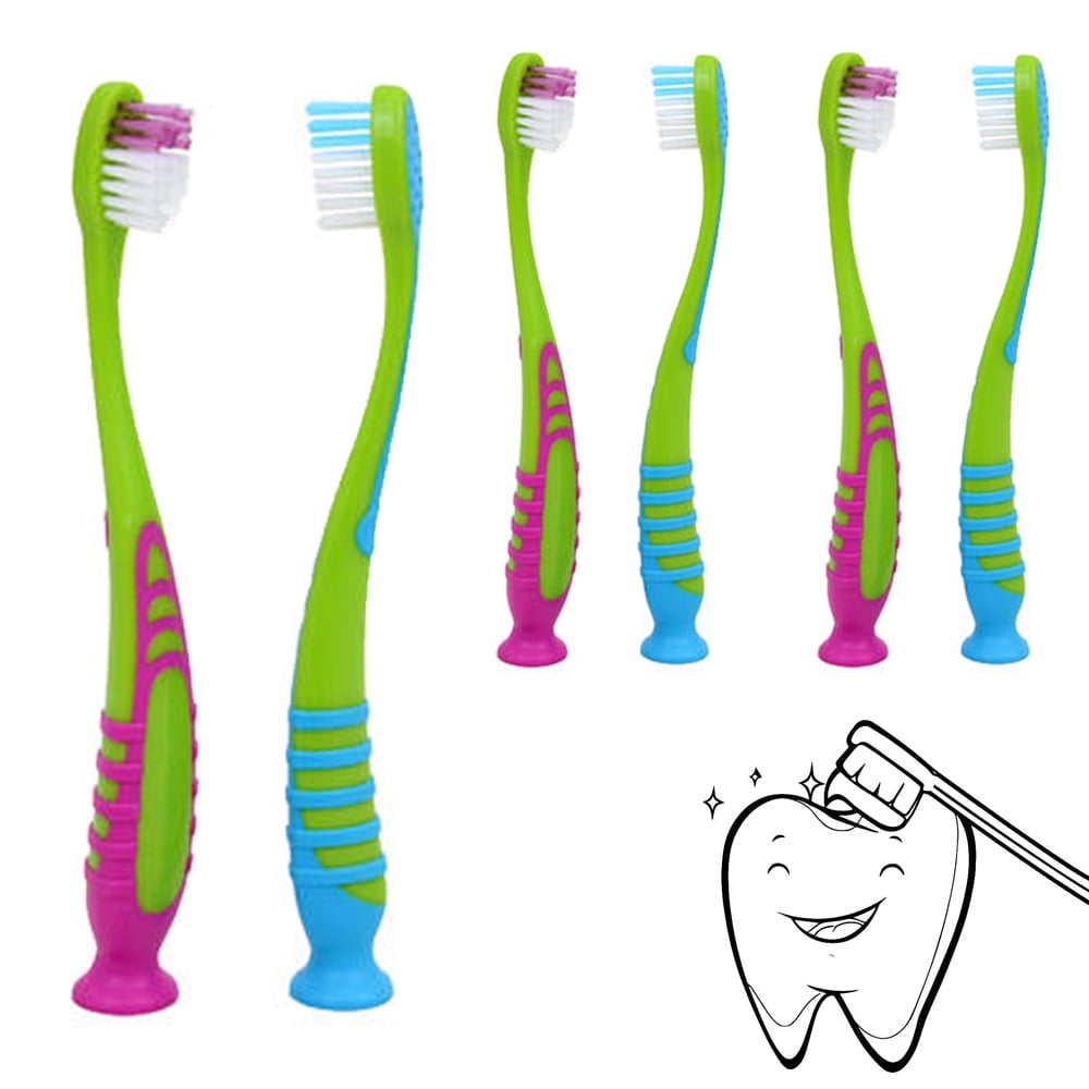 6 Pack Kids Toothbrush Suction Cup Stand Soft Bristles Toddler Clean