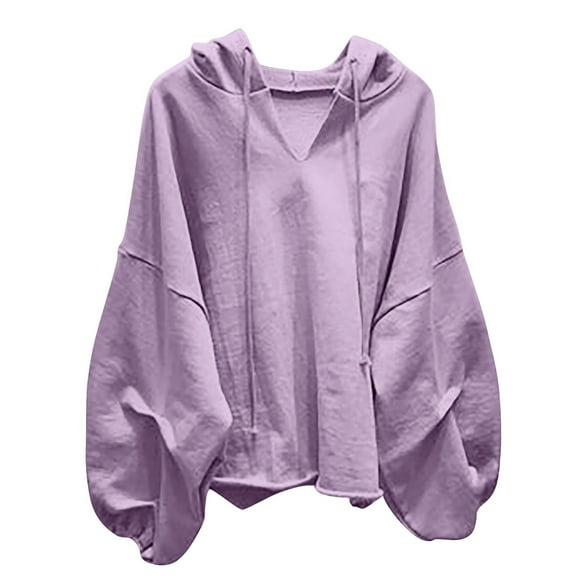 Womens Cotton Linen Hoodies, Long Sleeve Pullover for Women Lightweight Casual Solid Color V Neck Sweatshirts Fall Clothes