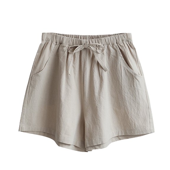 Luxshiny Khaki Cotton Linen Loose Wide Leg Shorts Pants L Casual 1 Pc