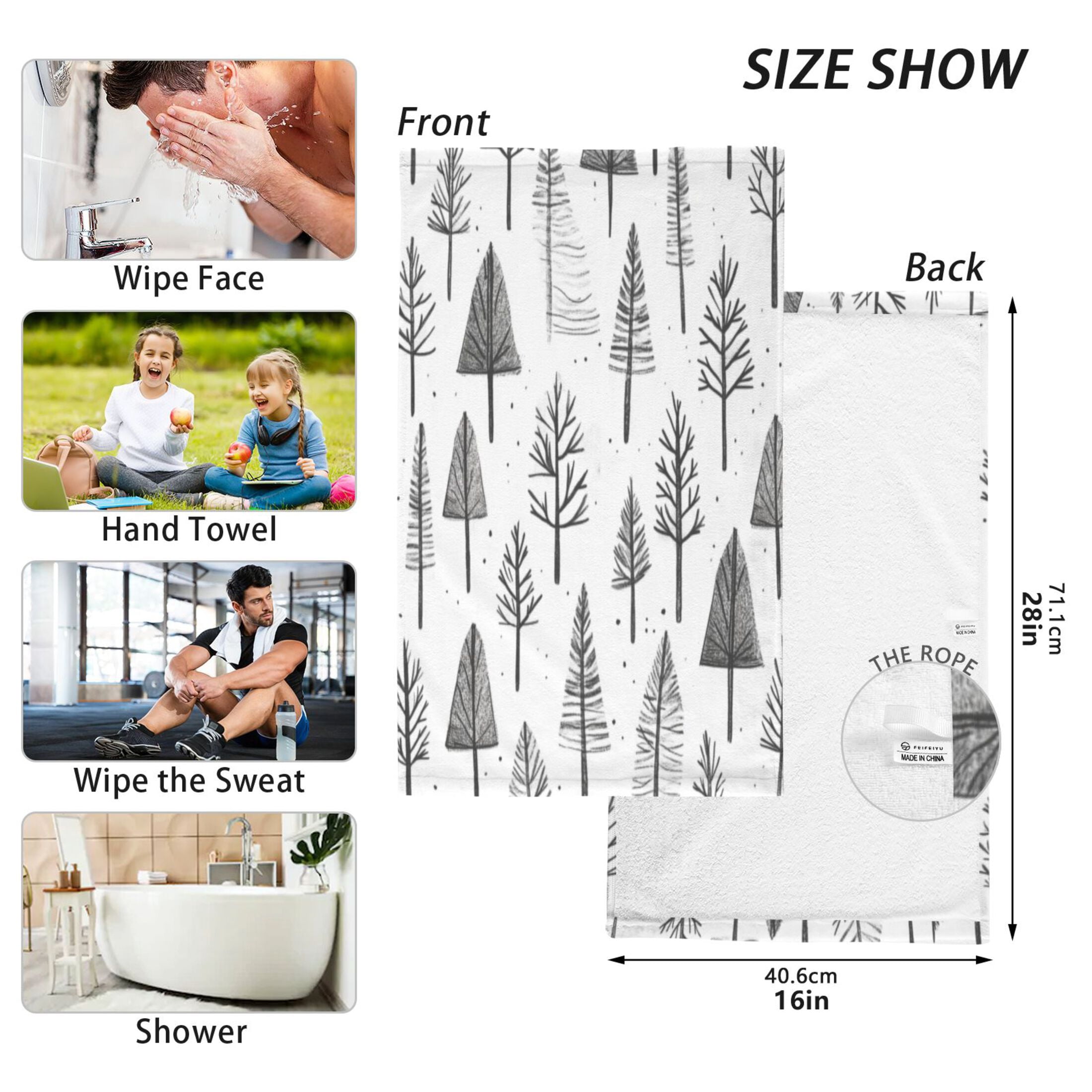 Cotton Towel Two-Piece 16x28 Inch One Sizex2 Face Towel Set Towel Set Cotton Hand Bath Towel Bathroom Beach Cartoon Black Pretty Little Tree