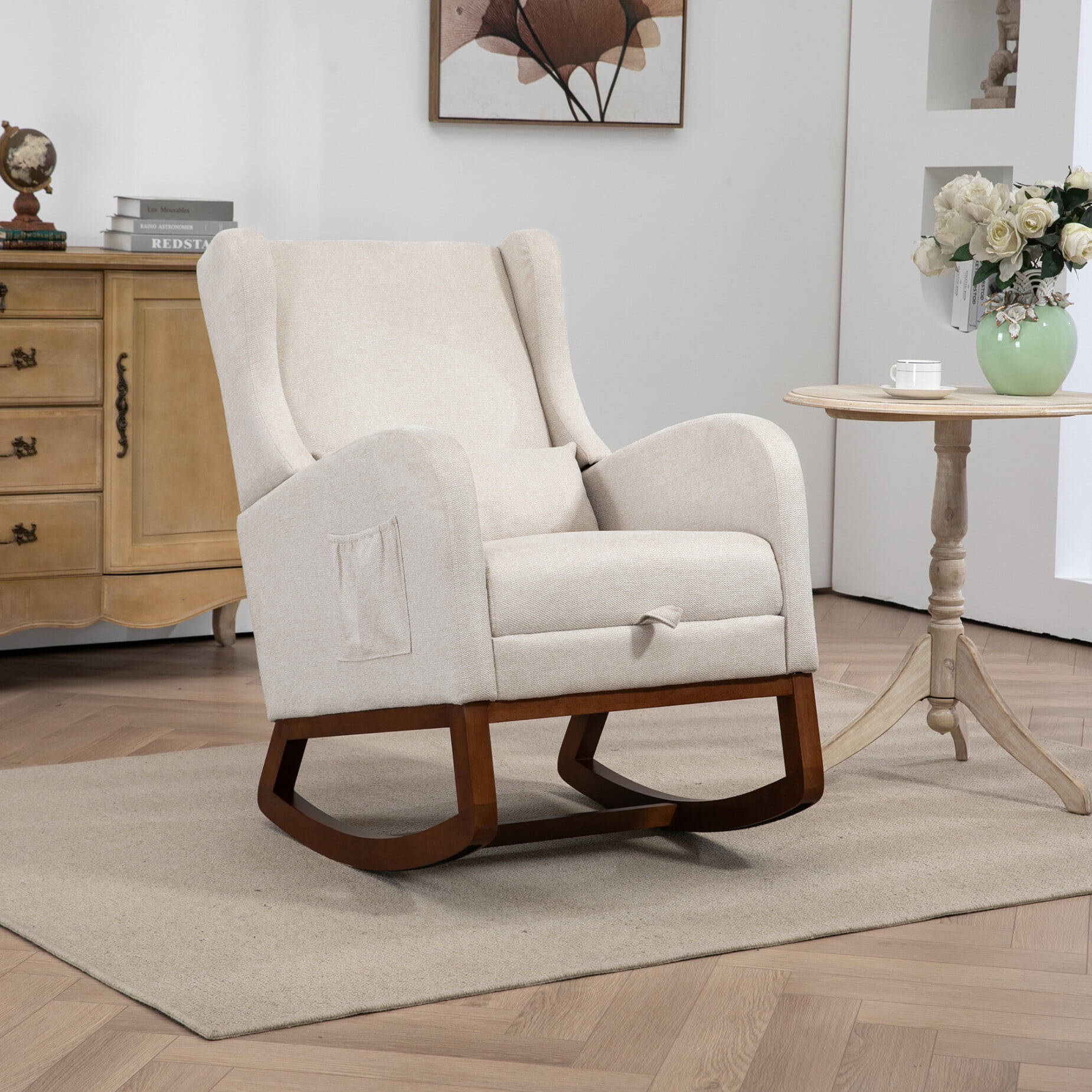 Modern Rocking Chair with Retractable Footrest & Side Pocket, Comfortable Upholstered Wingback Glider for Nursery and Living Room, Sturdy Wood Frame, Beige