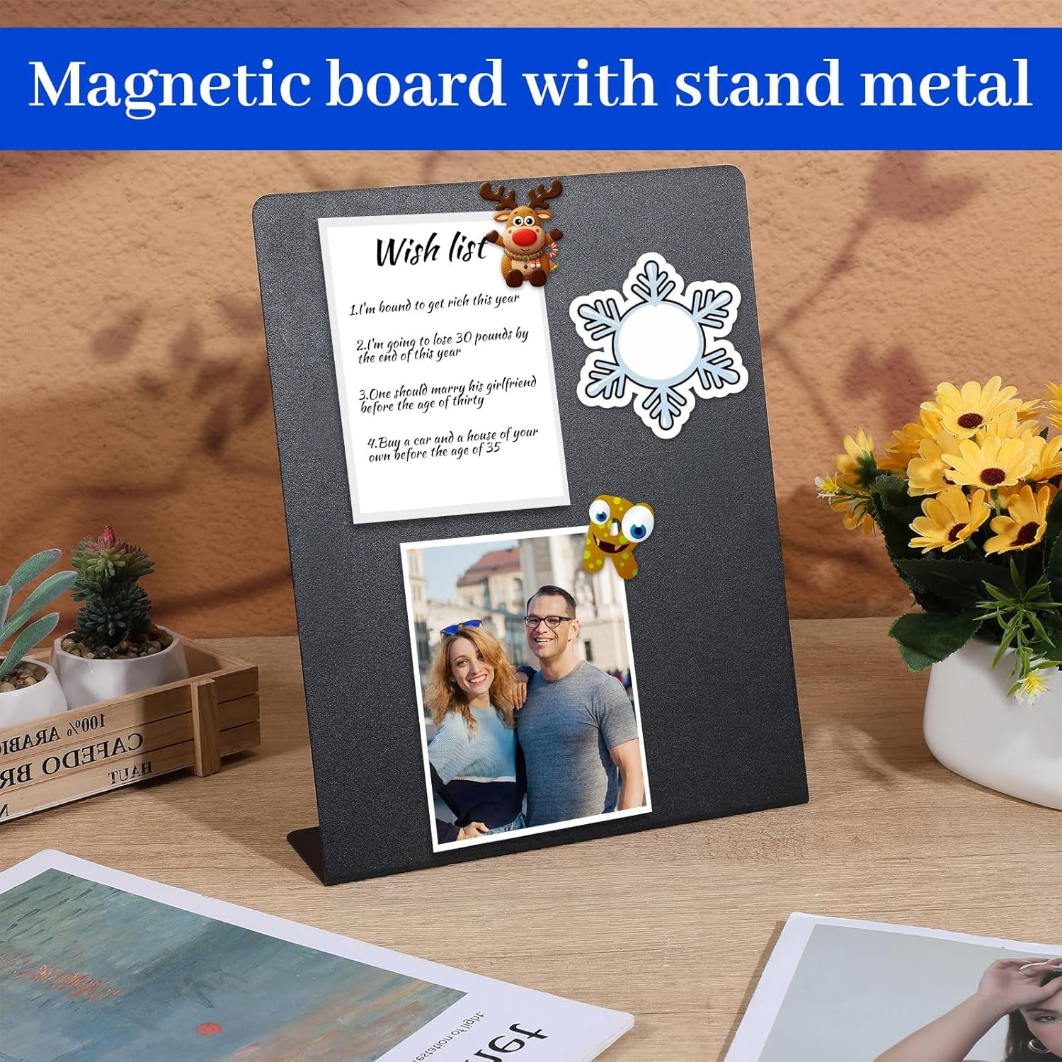 2 Pieces Magnetic Bulletin Board with Stand 11 x 8.5 Inches Mini Black Magnet Metal Tabletop Memo Display Board for Back to School Menu Table Home Kitchen Office Supplies