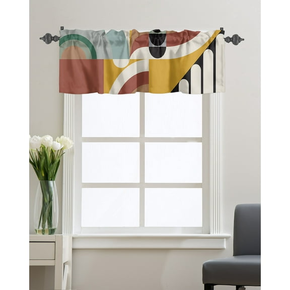 Kitchen Cafe Valance Curtain for Small Windows,Mid Century Abstract Geometric Rod Pocket Short Valances Retro Symbols Art Window Treatment Panel for Living Room/Bedroom/Bathroom,54x18in