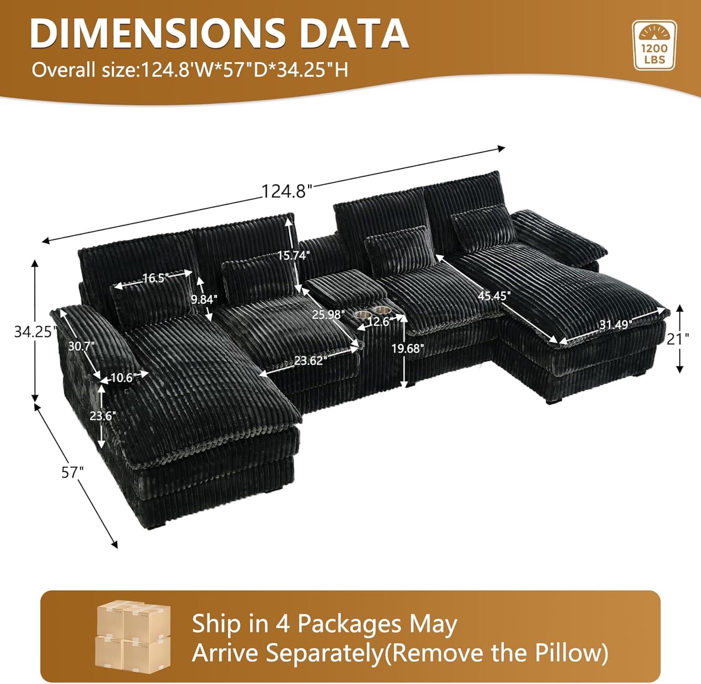Aisword 124" U Shaped Cloud Couch Sectional with USB Charging, Hidden Storage, Cup Holders & Chenille Double Chaise, Grey