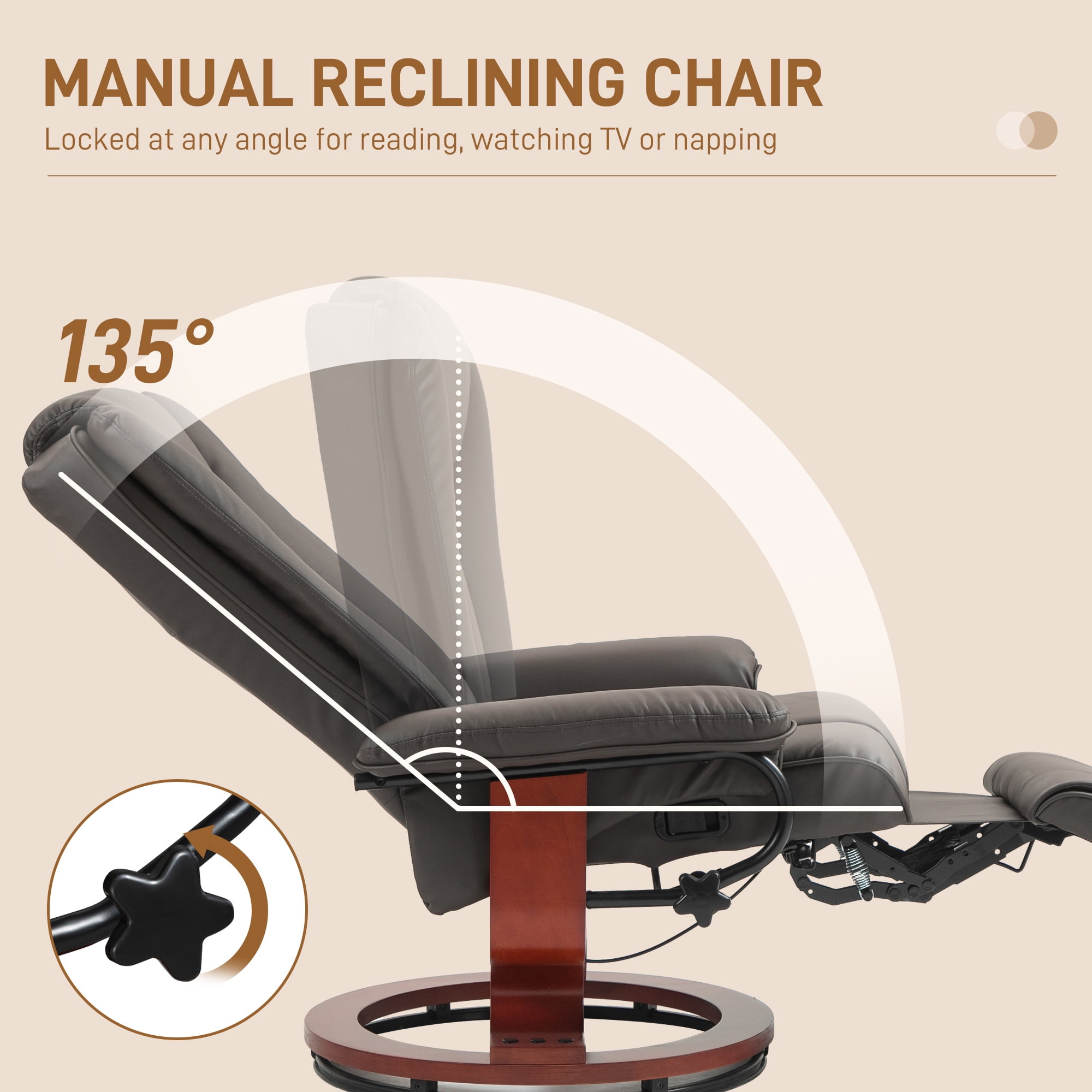 HOMCOM Swivel Recliner Chair w/ Footrest, PU Leather Reclining Chair, Brown