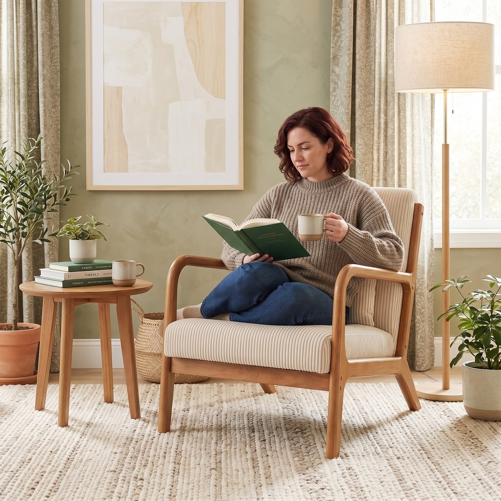 Furnibear Accent Chair, Corduroy Upholstered Lounge Chair with Lumbar Pillow, Ergonomic 105-Degree Backrest, Solid Wood Frame Armchair for Living Room Bedroom, Beige