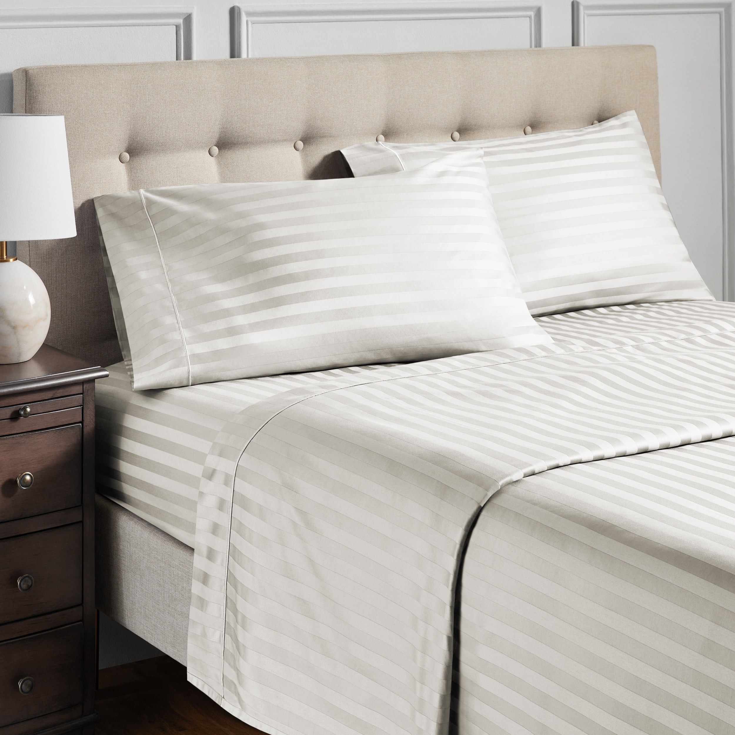 Hotel Style 4-Piece 600 Thread Count White Stripe Egyptian Cotton Adult Bed Sheets, Queen-Deep Pocket